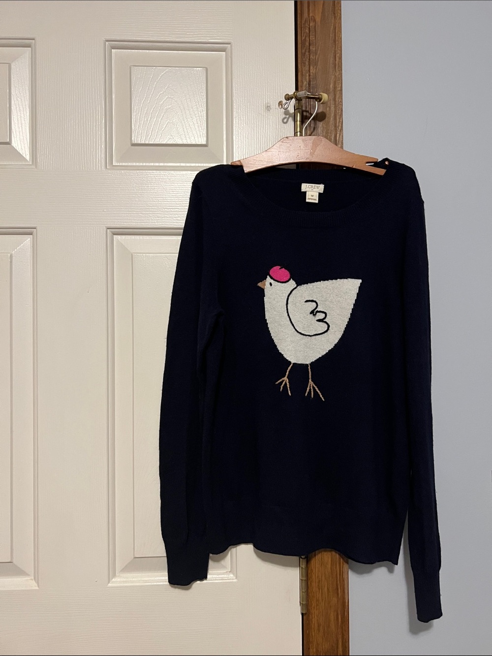 J. Crew Navy Sweater with White Chicken and Pink Accent